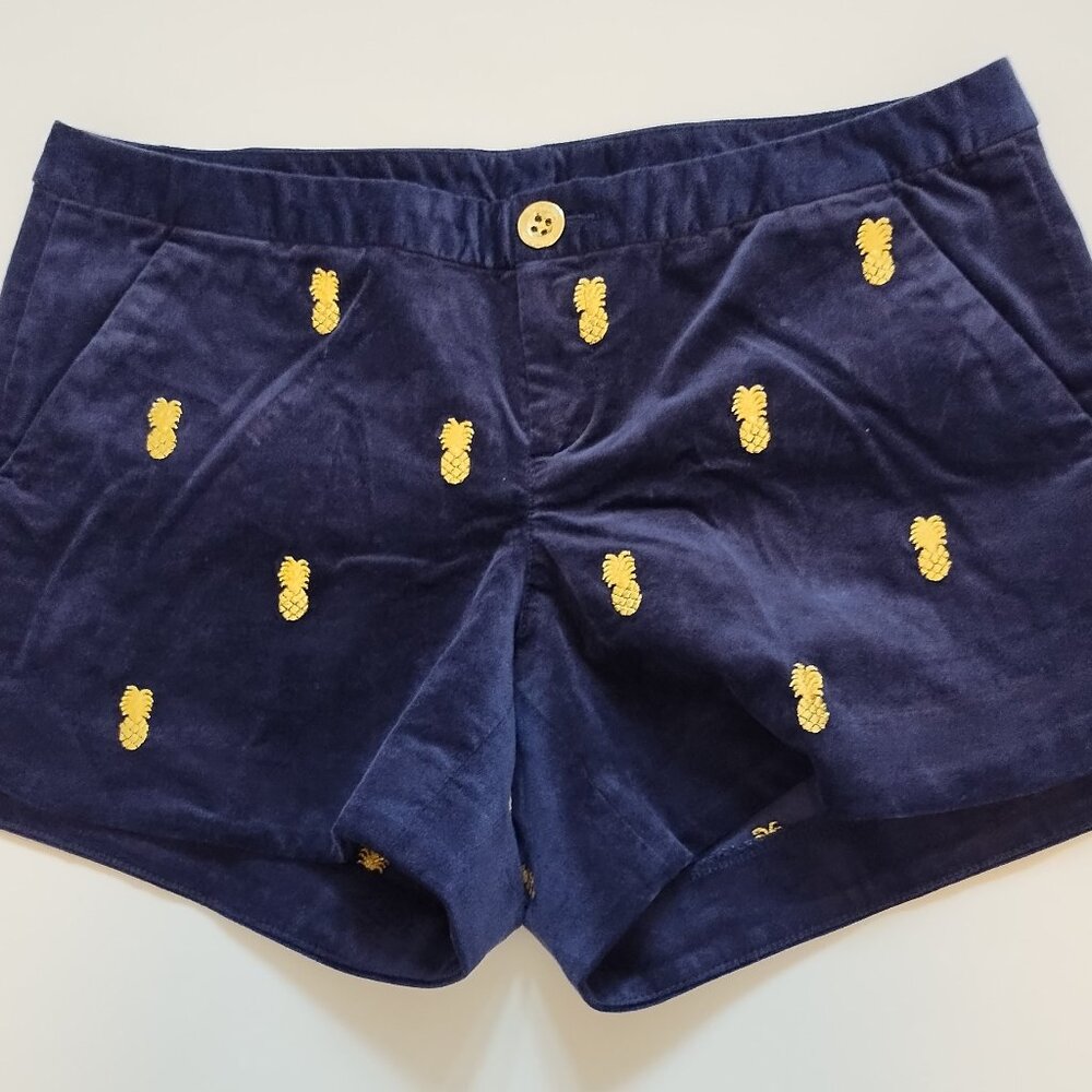 Lilly Pulitzer Navy Velvet Gold Embroidered Pineapple Shorts Size 0